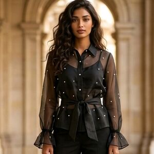 Joseph Ribkoff Black Sheer Organza Blouse Faux Pearls Bell Sleeve Tie Waist NWT4